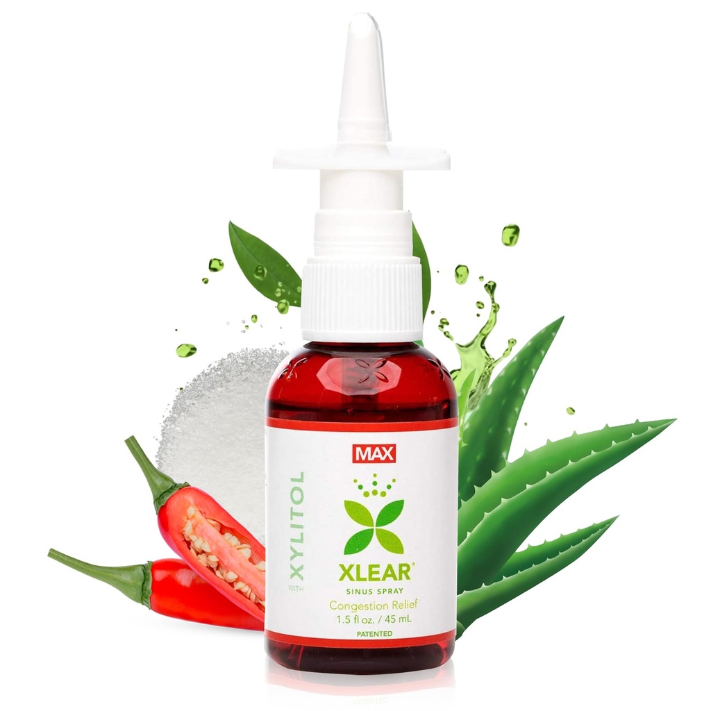Xlear MAX Natural Xylitol Saline Nasal Spray with Capsicum and Aloe - Sinus Pressure, Decongestant, Headache, Dry Nose, 1.5 fl oz (패키지 1)