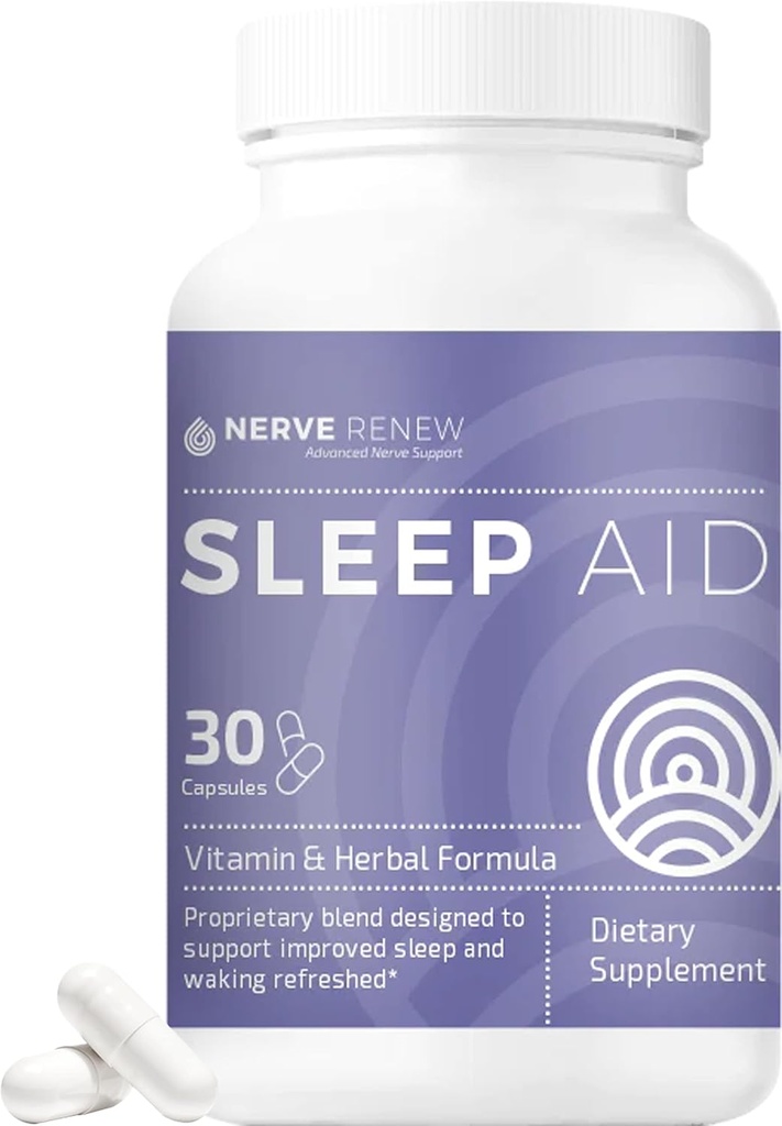 NERVE RENEW Sleep Aid - 더 나은 수면을위한 다이어트 보충 - 30 캡슐 - 빠른 작동 - Melatonin, 마그네슘, 아연, 아미노산, 허브 추출물과 함께 모든 자연 초본 및 비타민 공식