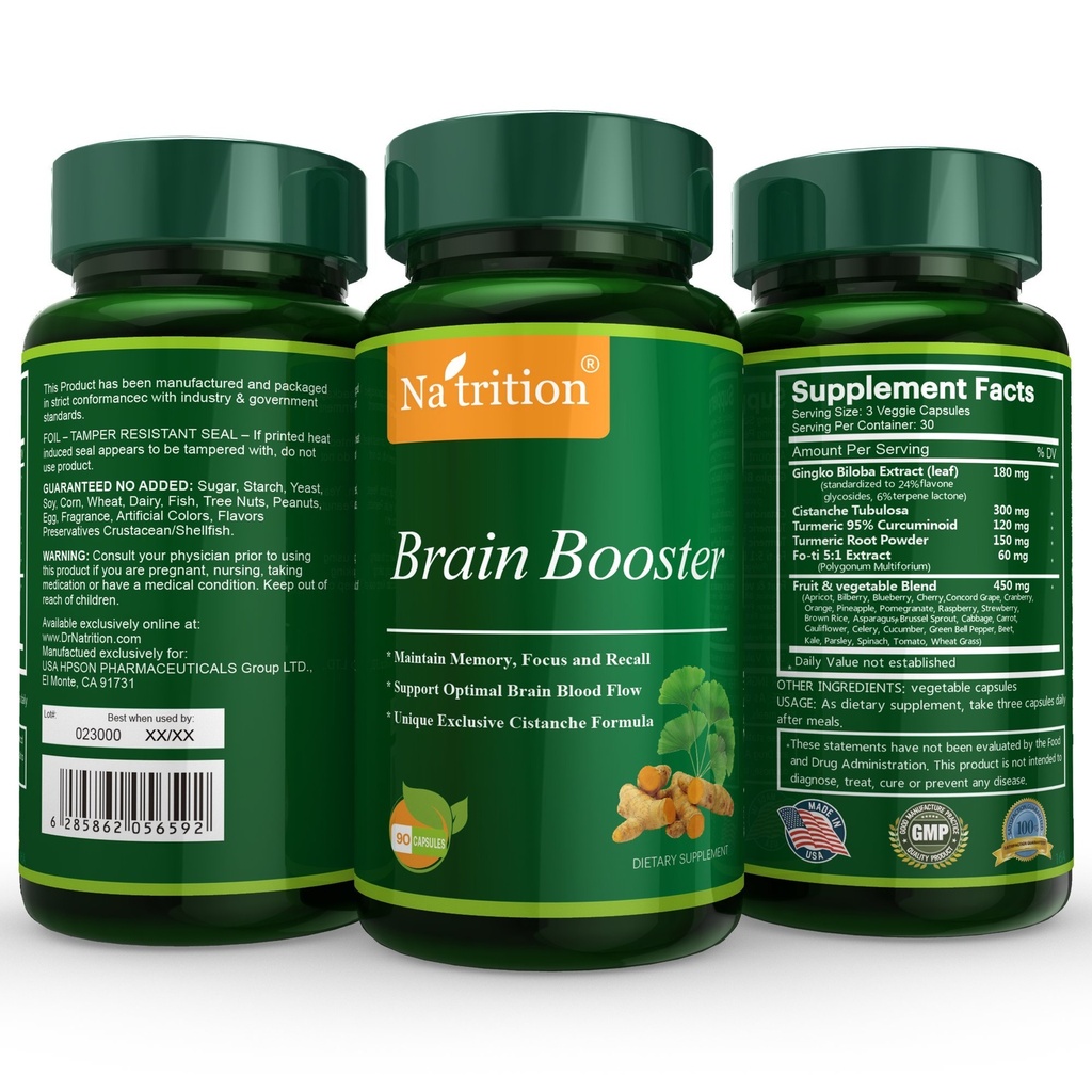 Natrition 뇌 부스터 - Ginkgo Biloba, Turmeric, Cistanche Tubulosa, Fo-ti 추출 혼합 - 뇌 기능을위한 자연 산화 지원 - Clarity, 초점 및 메모리 강화 - 90 Veggie 캡슐