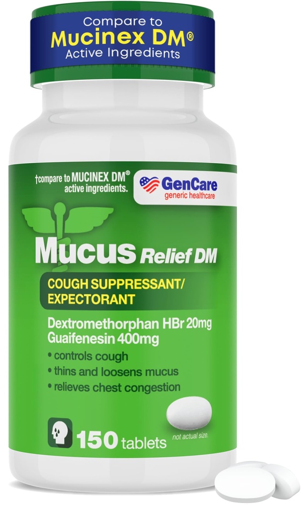 GenCare - Mucus Relief DM (150 카운트 값 병) Dextromethorphan HBr 20mg Guaifenesin 400mg | 일반 Mucus Relief DM | Immediate Release Uncoated Cough & Mucus Expectorant Pill