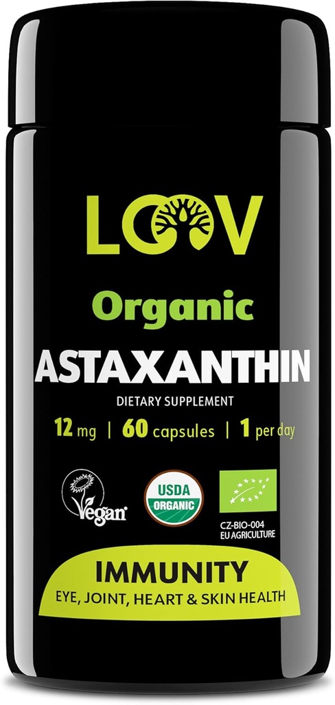 LOOV 자연적인 유기 아스타잔틴 12mg – 60 일 공급 – 최대 힘 산화 방지제 – 눈, 합동, 피부, Immunity – Microalgae에서 – 비 GMO, Vegan, 지속 가능한