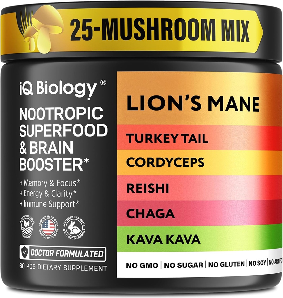 Kava Kava 뿌리 Cordyceps 사자 Mane Reishi 버섯 보충교재, Nootropic 버섯 캡슐 Kava Kava 추출물, 여자를 위한 버섯 비타민, Ashwagandha, 마그네슘 - 60의 모자 (1 팩)