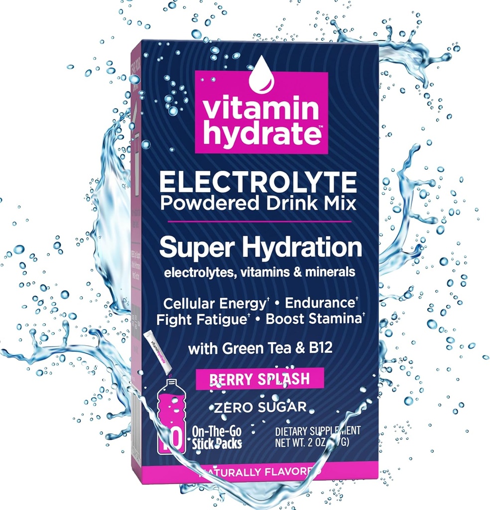 비타민 Hydrate 전해질은 음료 혼합, 슈퍼 히스, 부스트 체력 & 싸움 피로, 전해질, 비타민 및 무기물, 설탕, 베리 스플래쉬, 10 스틱 팩을 곱합니다