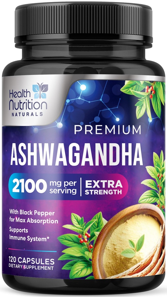 Ashwagandha 보충 교재 - 여성 & 남자를 위한 2100mg Ashwagandha 캡슐, 자연적인 산화 방지제 지원, 아스화 뿌리 추출물, 까만 고추, Vegan & 글루텐을 가진 여분 힘 캘름 지원 - 120의 캡슐