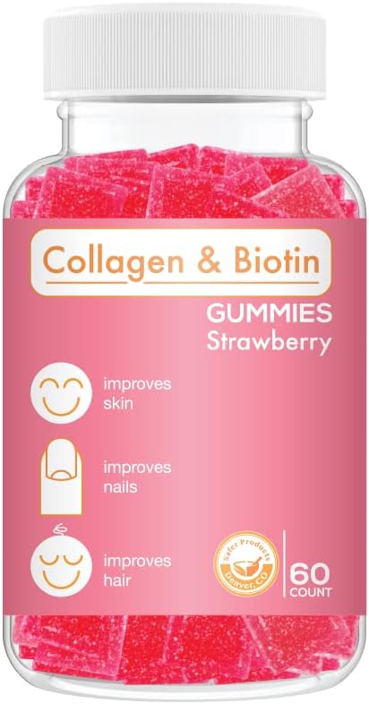 교원질 Biotin Gummies - 머리, 피부 & 못 머리 성장 노화 방지 배려 Chewable 거미 비타민, Vegan, 비 GMO, 글루텐 자유로운, 젤라틴 딸기 풍미 60 조사, 분홍색을 지원합니다