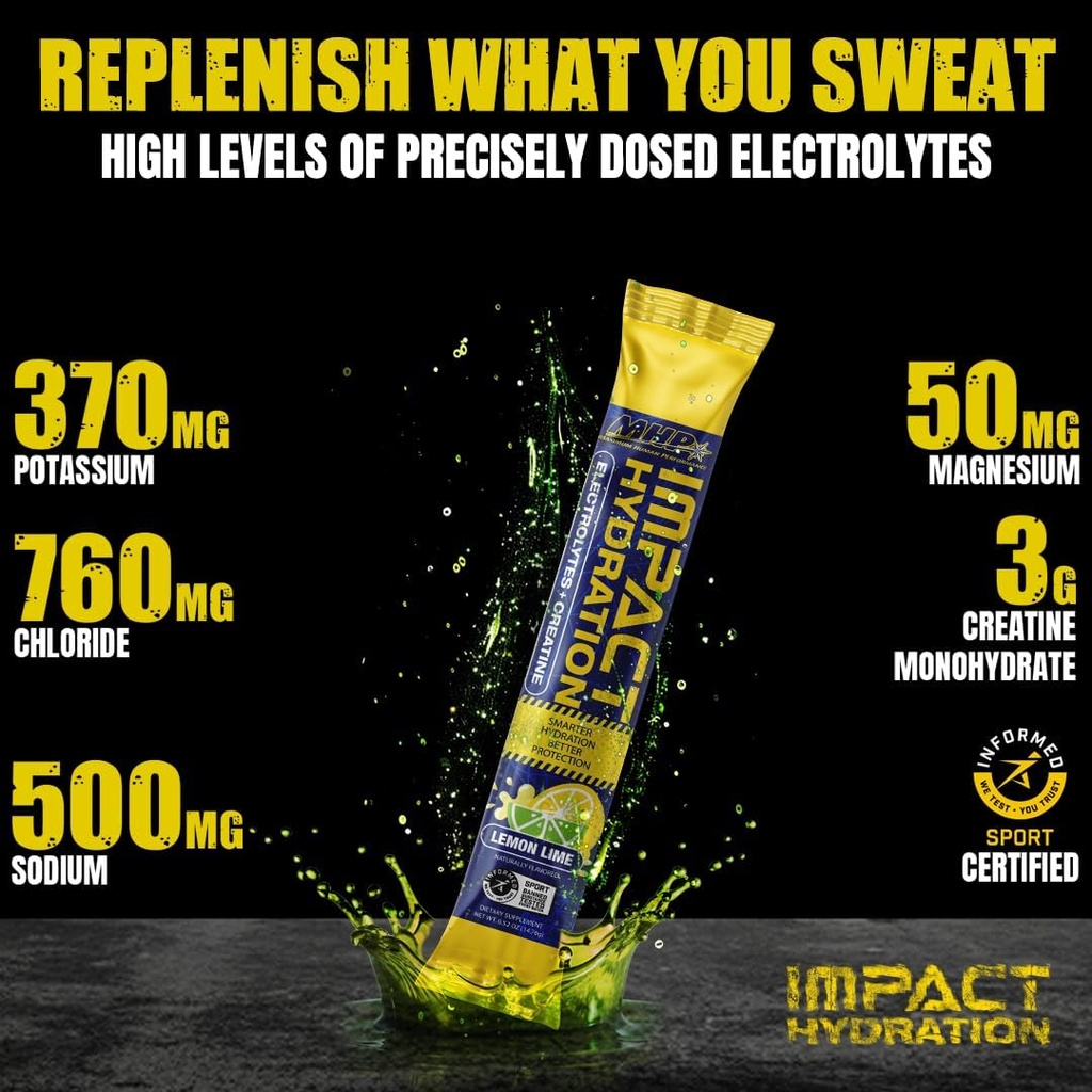 MHP 충격 Hydration 전해질 Creatine 스포츠 음료 지팡이 팩, 인공 감미료 또는 색깔, 성과, 회복, 레몬 Lime, 14 조사