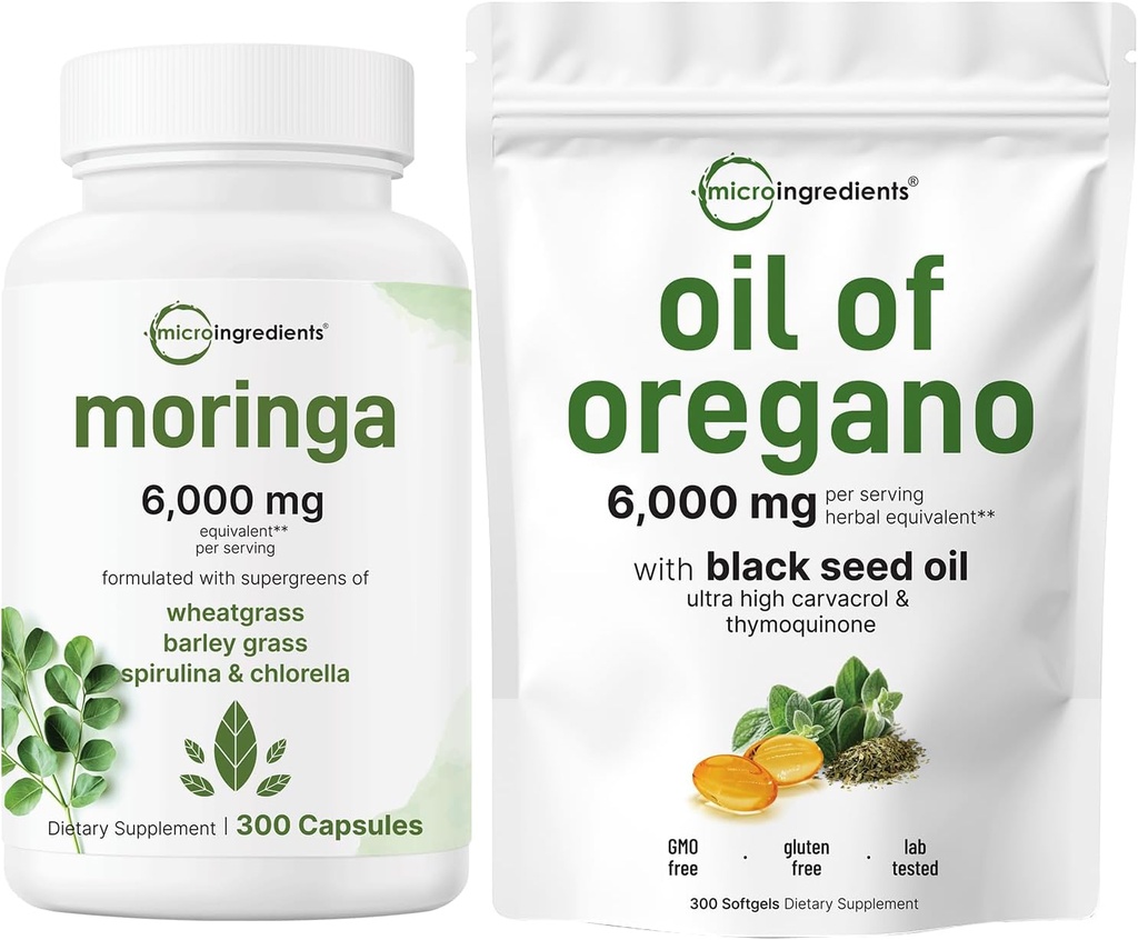Oregano Softgels의 마이크로 성분 기름 300 조사 & Moringa Oleifera 6,000mg 동등한 300의 캡슐 뭉치 2 팩 | Carvacrol & Thymoquinone | 산화 방지제 보충교재