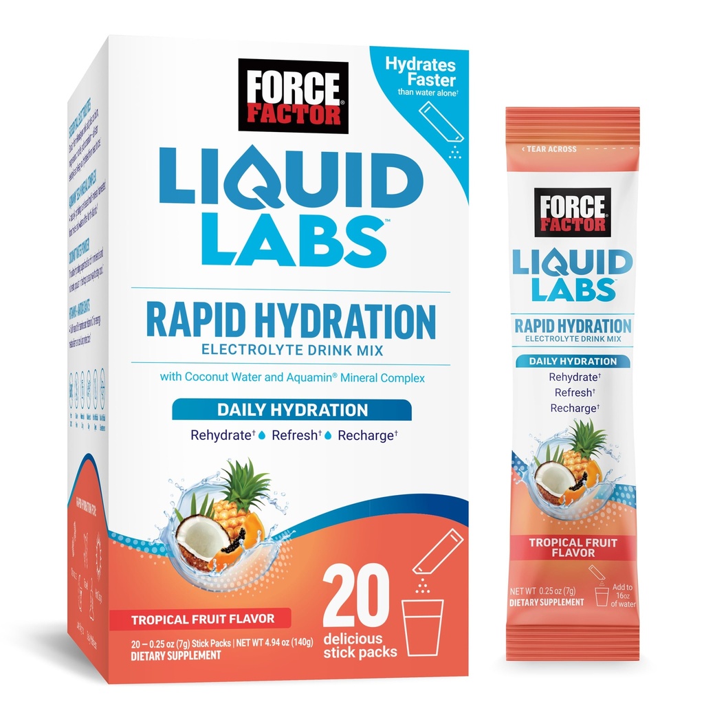 FORCE FACTOR Liquid Labs Electrolytes Powder Packets-Tropical Fruit-Hydration Packets는 5 가지 필수 전해질, 비타민, 미네랄 및 산화제, 20 개의 스틱 팩과 함께 전해질 수 있습니다.