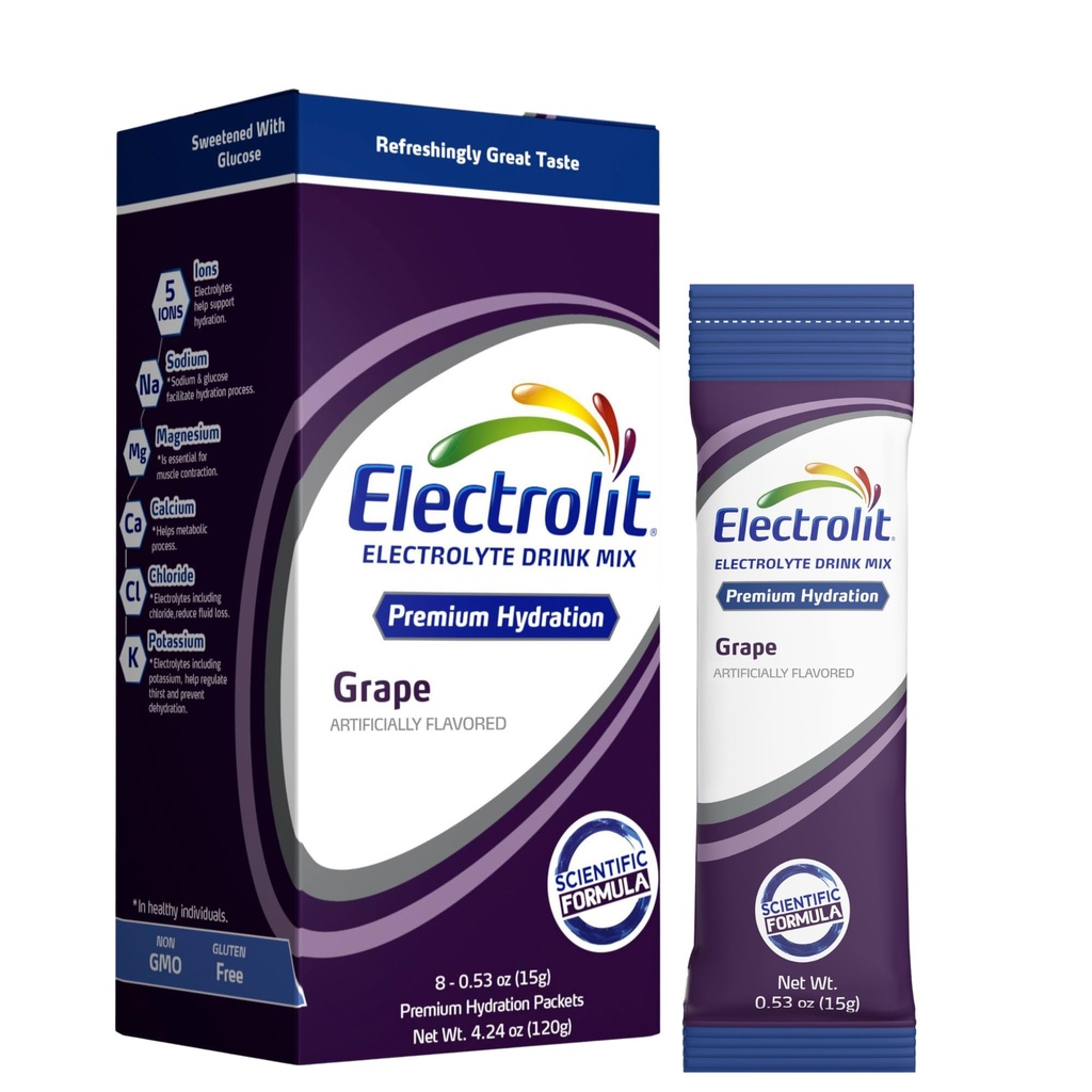 Electrolit Electrolytes Powder Packets, 포도 8 팩, 탈수 및 Rehydration, 포스트 운동 맛을 낸 Hydrating 음료 혼합, 글루텐 무료 매일 Waterer 향상된 스틱에 대 한 강화