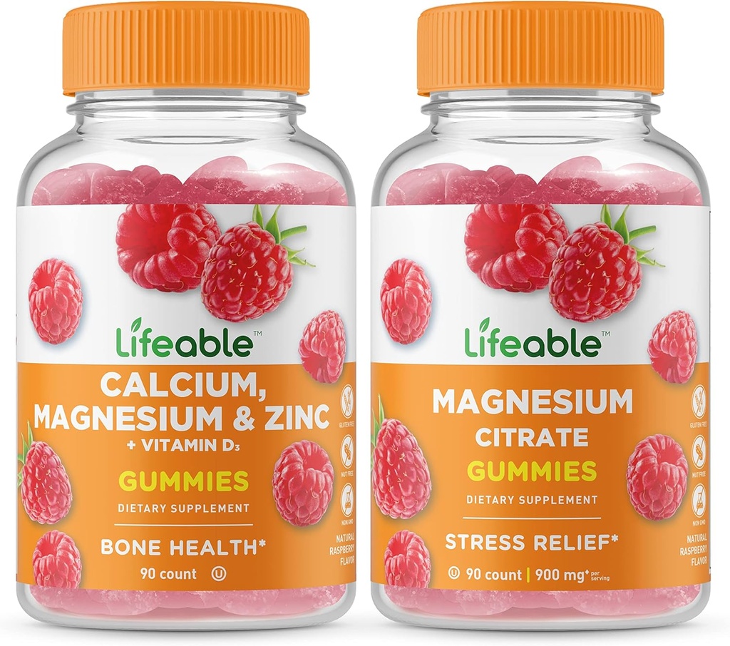 Lifeable 칼슘, 마그네슘, 아연 & 비타민 D + 마그네슘, Gummies 번들 - 훌륭한 타스팅, 비타민 보충, 글루텐 무료, GMO 무료, Chewable Gummy