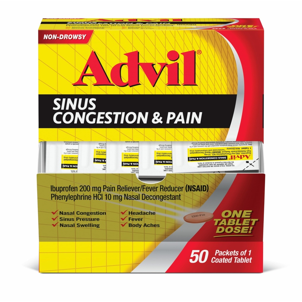 Advil Sinus Congestion와 고통, Sinus 구호 약, Ibuprofen와 Phenylephrine HCl를 가진 고통 Reliever와 Fever 흡진기 - 50는 정제를 입혔습니다