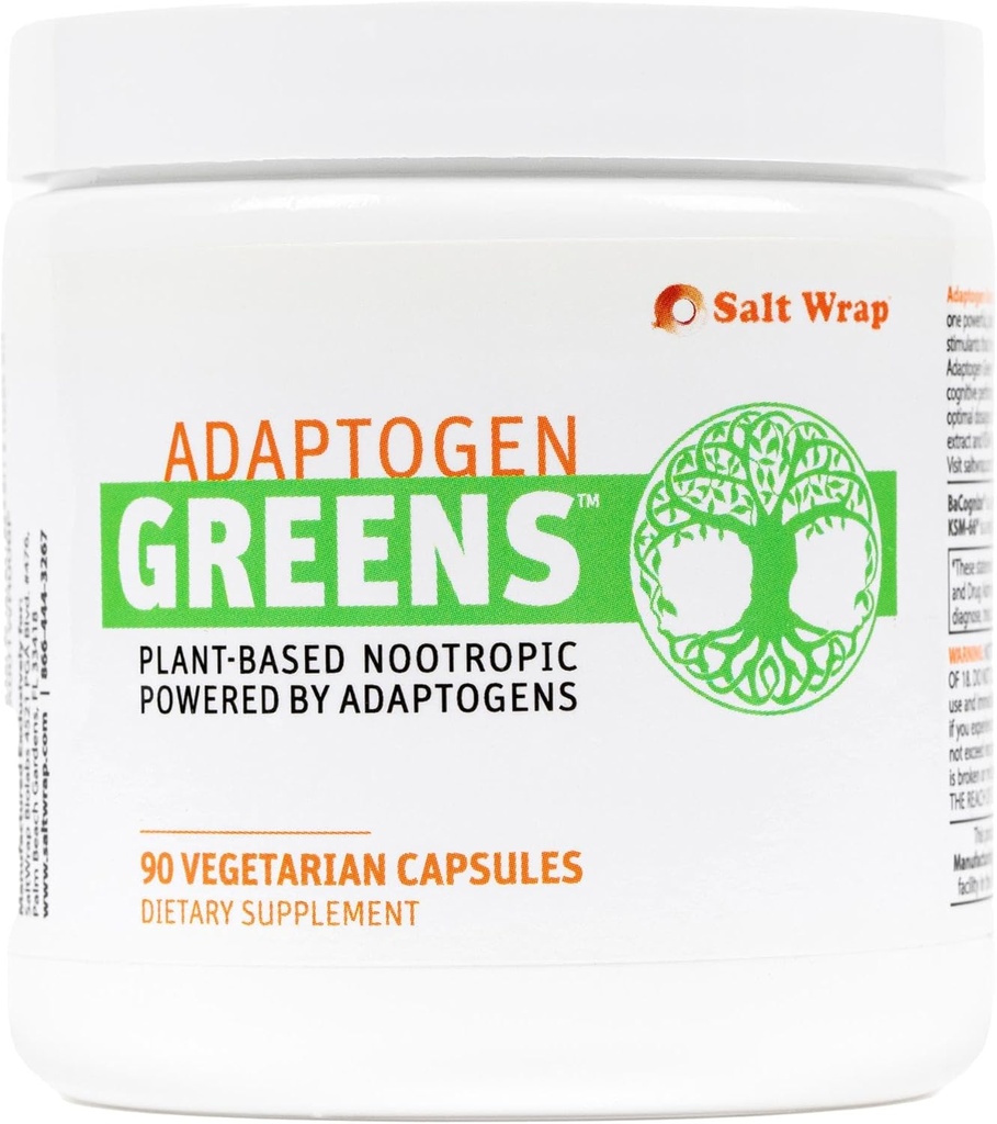 SaltWrap Adaptogen Greens - Mind-Body Resilience Formula - 스트레스, 초점 및인지 성능을위한 Caffeine-Free Nootropic - 90 캡슐