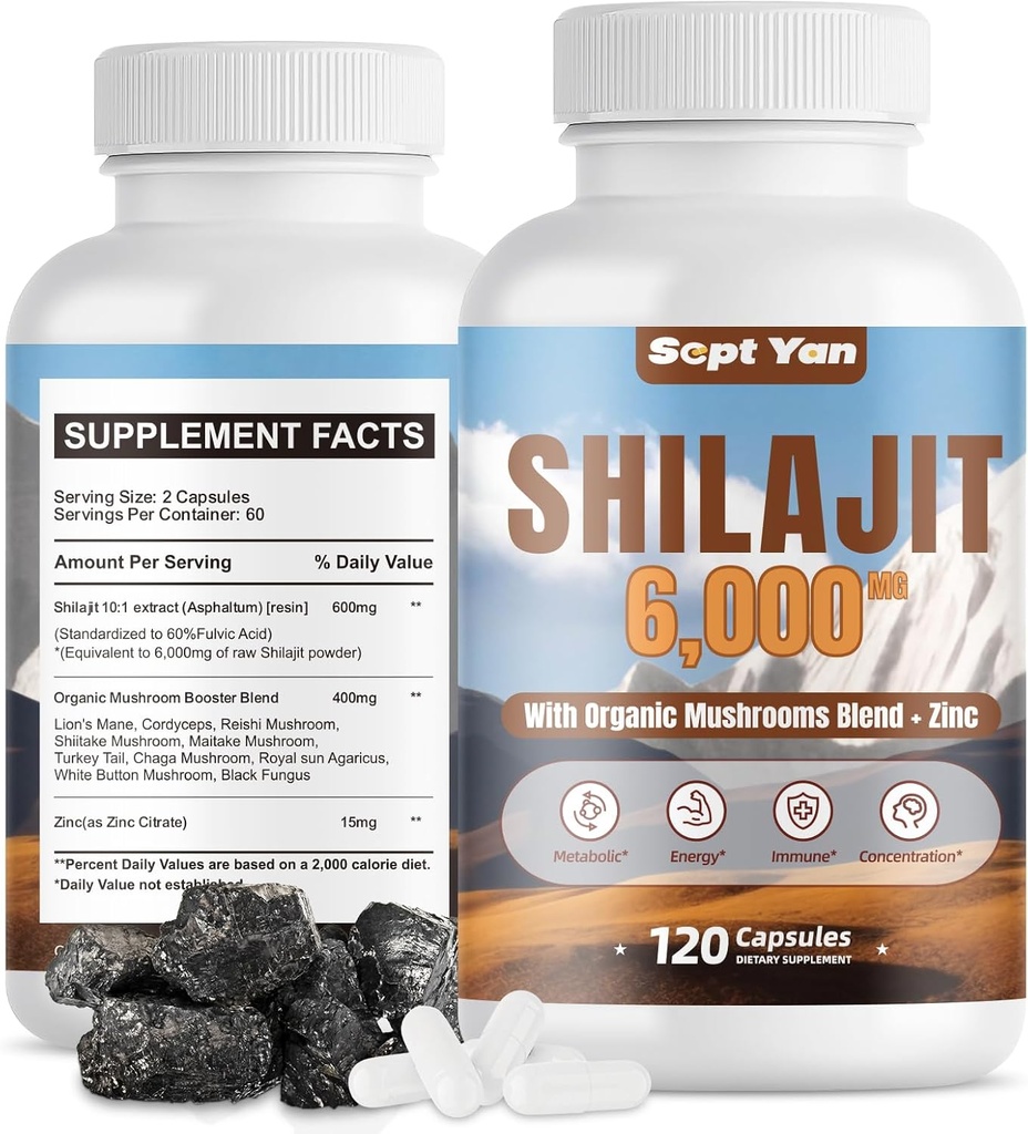 Shilajit Himalayan 캡슐 - 버섯 혼합, 아연과 순수한 Himalayan 유기 보충 - 강도, 체력, 두뇌 및 면역 건강을위한 2 개월 공급 - 여성 및 남성 120 카운트 채식을위한 Shilajit