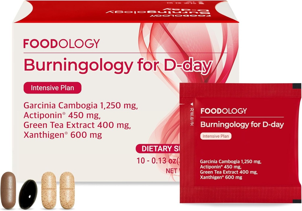 FOODOLOGY Burningology D-Day, 여성 및 남성을위한 의류 Suppressant, Boost Mood, 체중 감소 및 화상 칼로리, Garcinia Cambogia 보충, 녹차 추출물 - 10 패킷