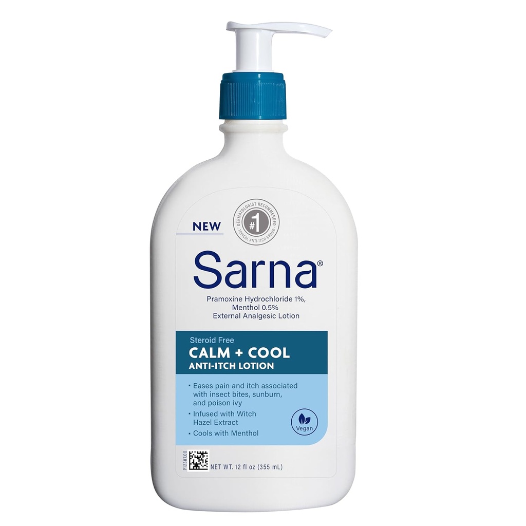 Sarna Calm + Cool Anti-Itch Lotion, Soothe 및 Relieve Pain and Itch from Insect Bites, Sunburn, & Poison Ivy, 1 % Pramoxine 염산염, 0.5 % Menthol, Vegan, 스테로이드 - 무료, 12 oz