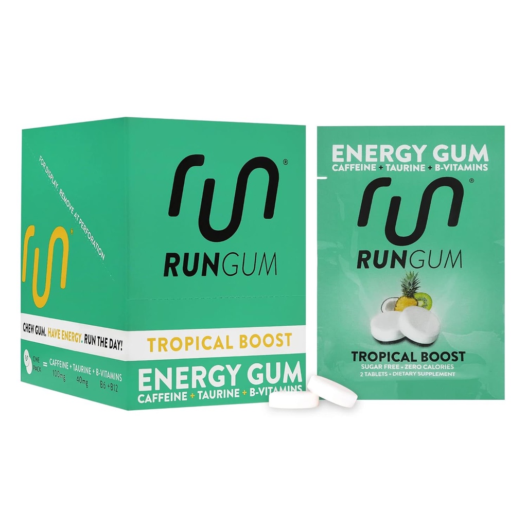 RUN GUM 열대 부스트 에너지 Chewing Gum 50mg 카페인 타우린 & 조각 당 B 비타민, 24 조각 (12의 포장) 설탕 무료, 영 칼로리에, 아스파테임 없음, 글루텐 자유로운, 1개의 ea