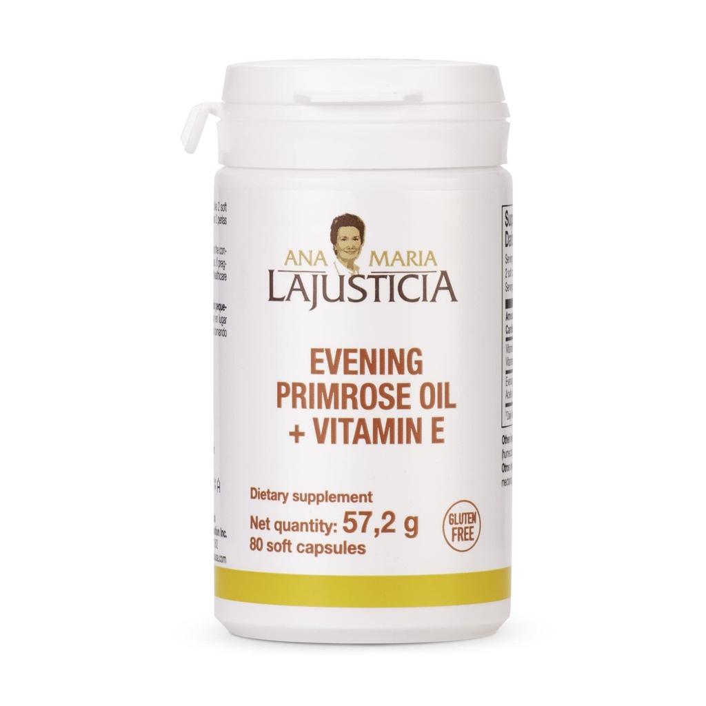 Ana Maria Lajusticia - Evening Primerose Oil + Vitamin E - 80 소프트 캡슐 팩 -1000mg. 글루텐 무료, 락토스 무료 및 설탕 무료. 모든 자연.