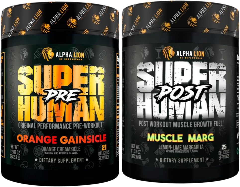ALPHA LION Superhuman Pre 운동 분말 & 포스트 운동 회복 뭉치, 지속된 에너지 & 초점 + Lean 근육 성장, 힘 & 양 (Hulk 주스 & 게이 스미스 애플)