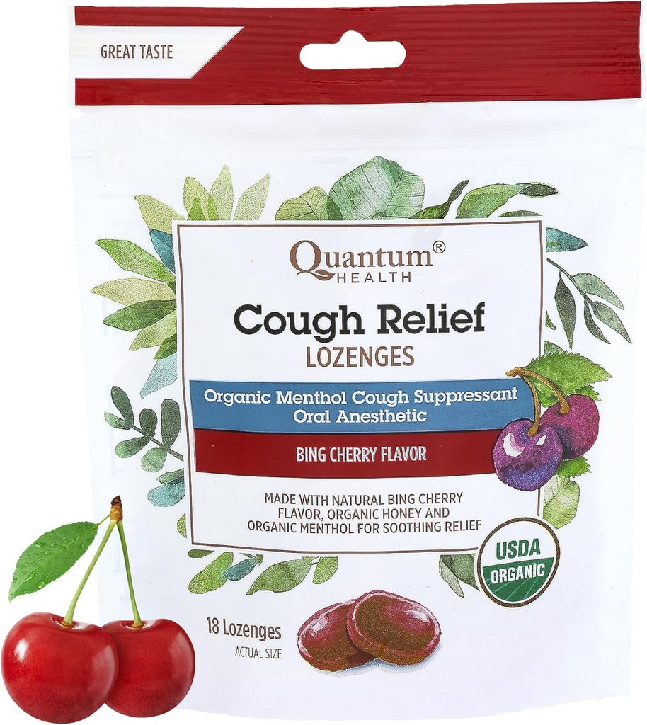 양자 건강 USDA 유기 기침 드롭 멘톨 & 꿀 목 Lozenges - 소싱 빙 체리 맛 스프레더 - 드라이 입 & 소어 Throat Relief for Adults & Kids - 18 카운트
