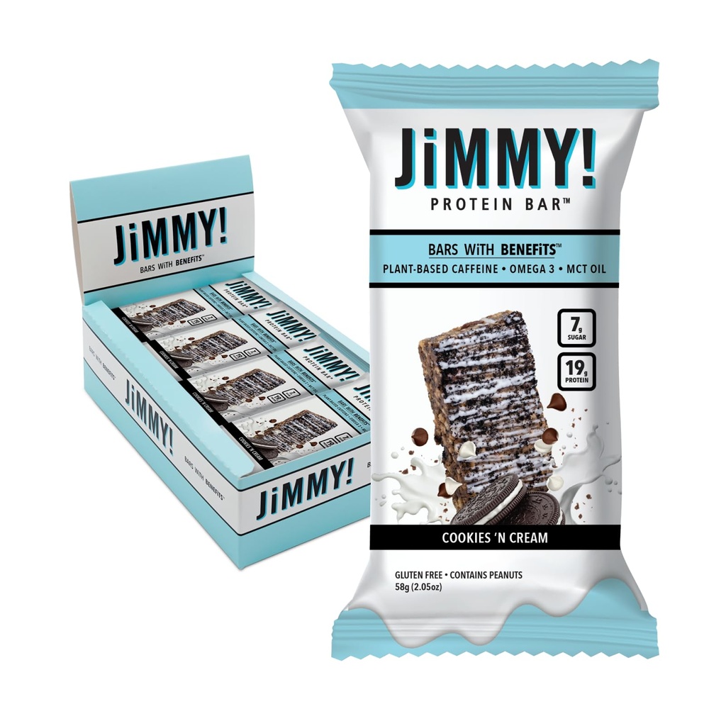JiMMYBAR! - 쿠키 N 크림 Protein Bar 19g Protein Bar - 7g Low Sugar - 12 Count - 58g Health Bar - Real Food 성분이있는 기능성 스낵 - 핸드 - 퍼즐 초콜릿 - Real Peanuts로 만든