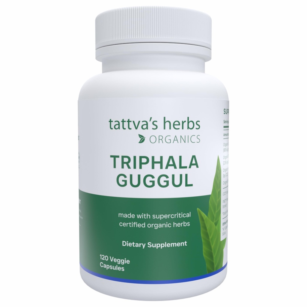 Tattva의 허브 Triphala Guggul 초본 보충교재, Ayurveda 초본 보충교재, 소화 건강 및 지원, 유기 Triphala 캡슐, 120 조사, 프리미엄 서비스의 25 년