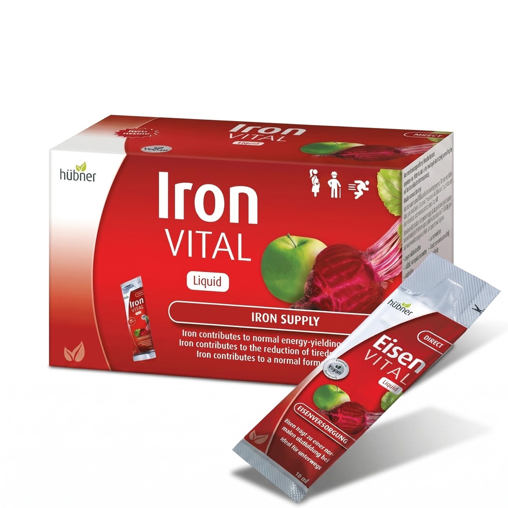 Hübner Iron Vital Liquid Iron Supply Plus 비타민 C, 성인 및 어린이용 보조 보충, 채식 및 글루텐 프리, 과일 맛, 20 패킷 박스, 10 ml 각각