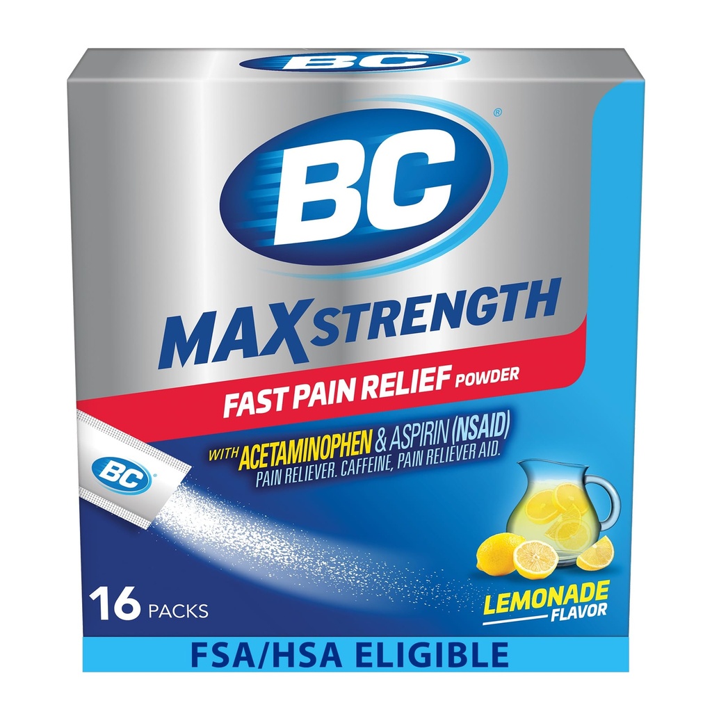 BC MAX 힘 빠른 고통 구호 분말, 레몬 맛 아스피린 500mg 및 아세타미노phen 500mg는 팩, 16 조사를 녹입니다