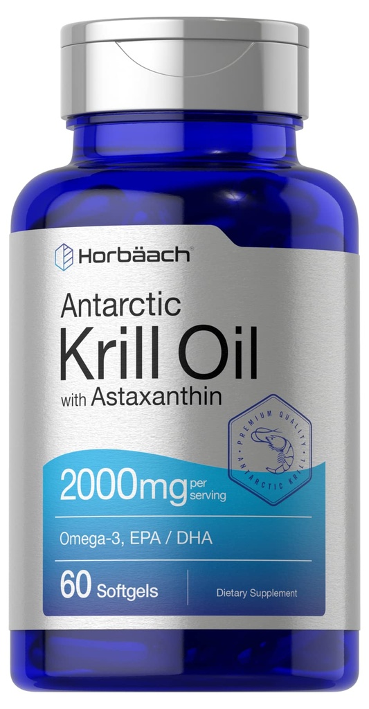 Horbäach Antarctic Krill Oil 2000mg | 60 Softgel 캡슐 | 오메가-3, EPA, DHA 보충교재 | Astaxanthin | Non-GMO, 글루텐 프리