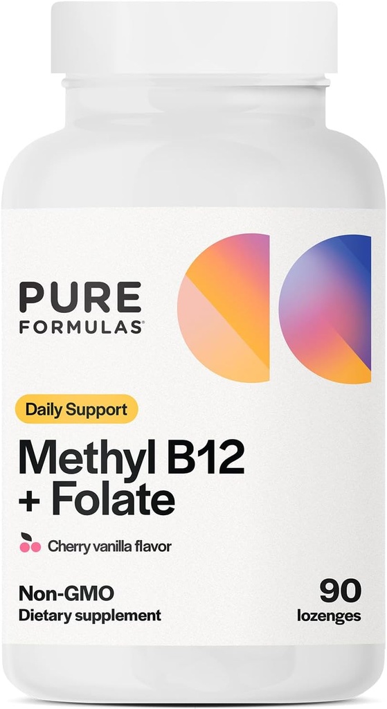 PureFormulas 메틸 B12 + Folate 보충교재, 메틸을 섞는 B12 보충교재의 1,000 mcg, Folate의 665 mcg, 체리 바닐라 풍미, 메틸을 섞는 비타민 B 12 - 비 GMO, 90 Lozenges