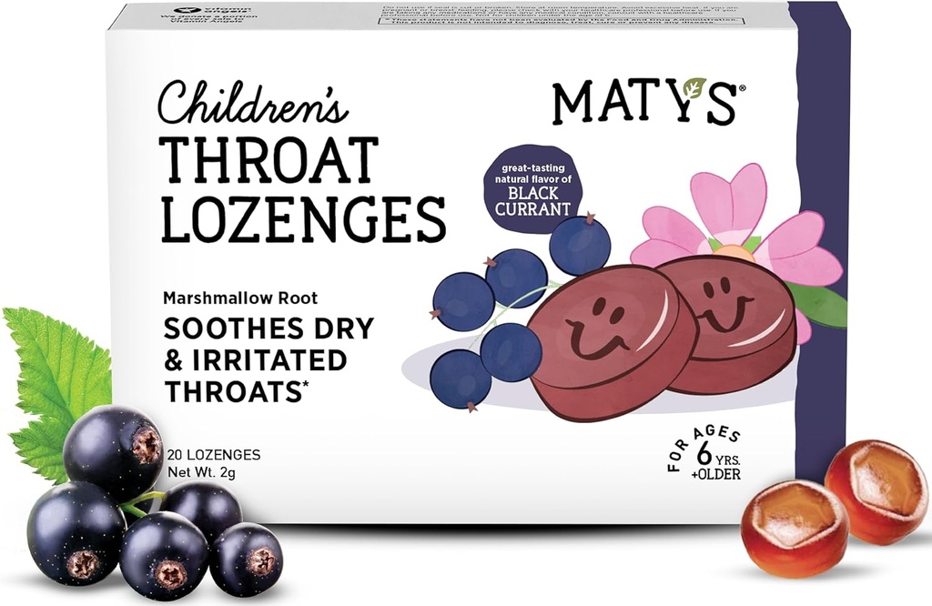 Matys Kids Throat Lozenges for Ages 6 years 늙은 +, Tasty Black Currant flavor, Soothe Dry & Irritated Throats & Voice with Marshmallow Root, Sugar Free, Vegan, Dye Free, Alcohol Free, 20 Count
