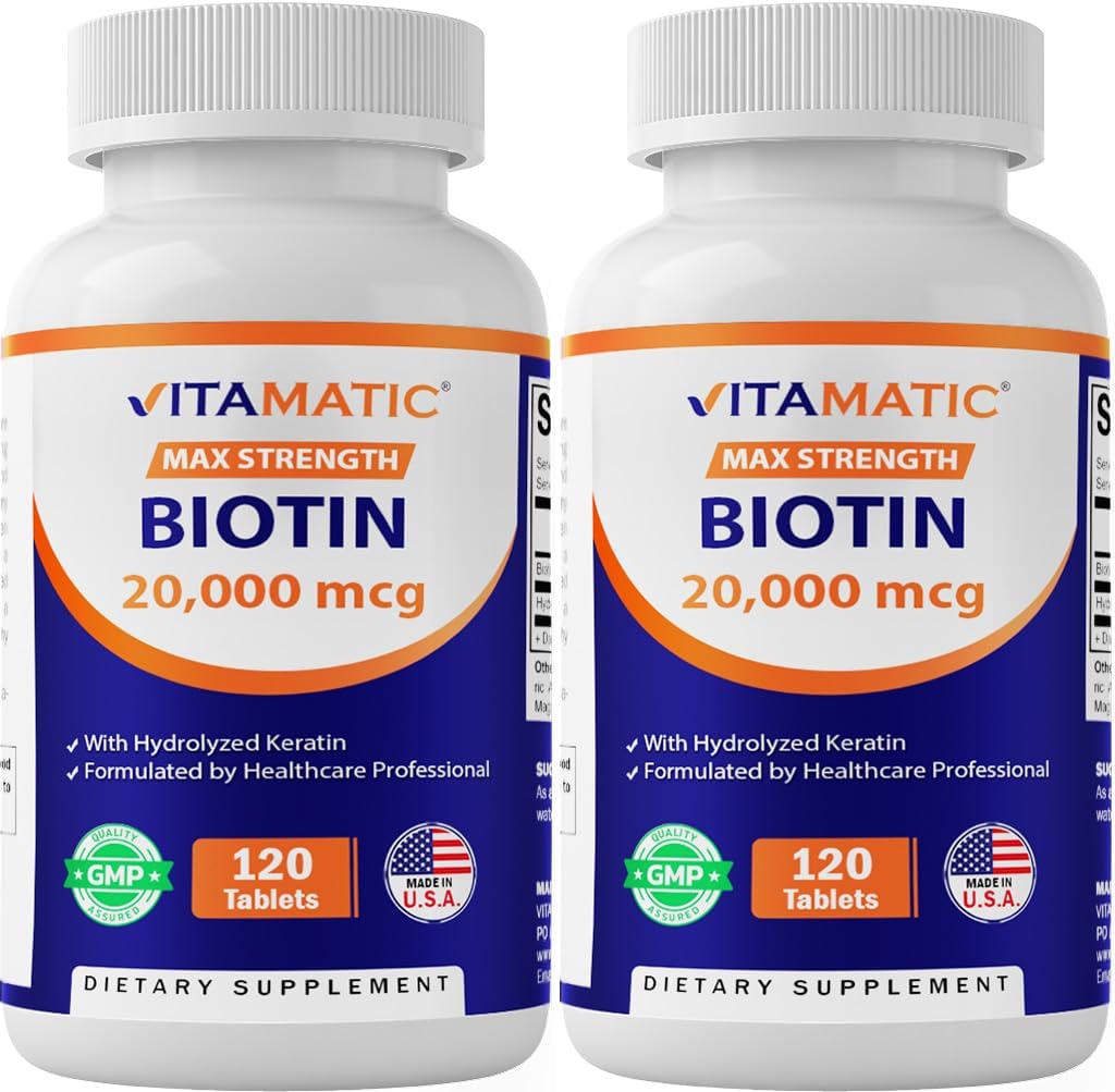 Vitamatic 높은 효능 Biotin 20000 mcg (20mg) Keratin 100mg - 120 채식 정제 - 성인을위한 건강한 머리 피부 및 손톱을위한 Biotin 보충 교재 (120 개)