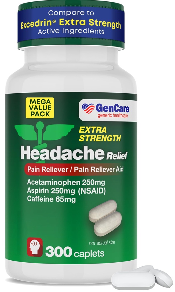 GenCare - 아스피린 (NSAID)와 두통 구호 Acetaminophen & Caffeine (300의 모자) 가치 팩 | 머리 고통, 근육 Aches, 뒤 고통 & 몸 | 일반적인 ExcedrEn 여분 힘