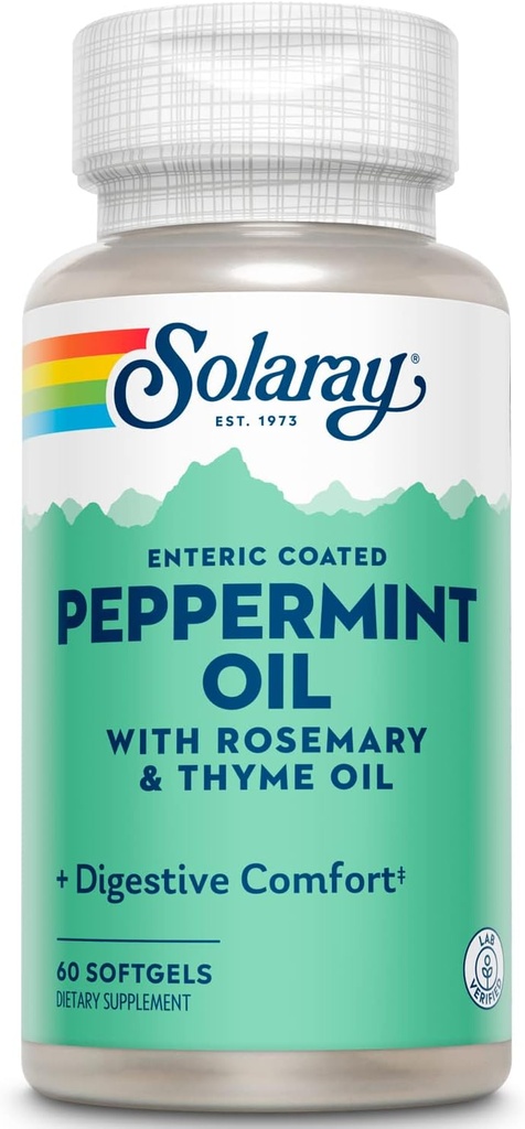 Solaray Peppermint Oil Enteric 코팅 w/Rosemary & Thyme Oil | 건강하고 소싱 소화 지원 | 60 Softgels