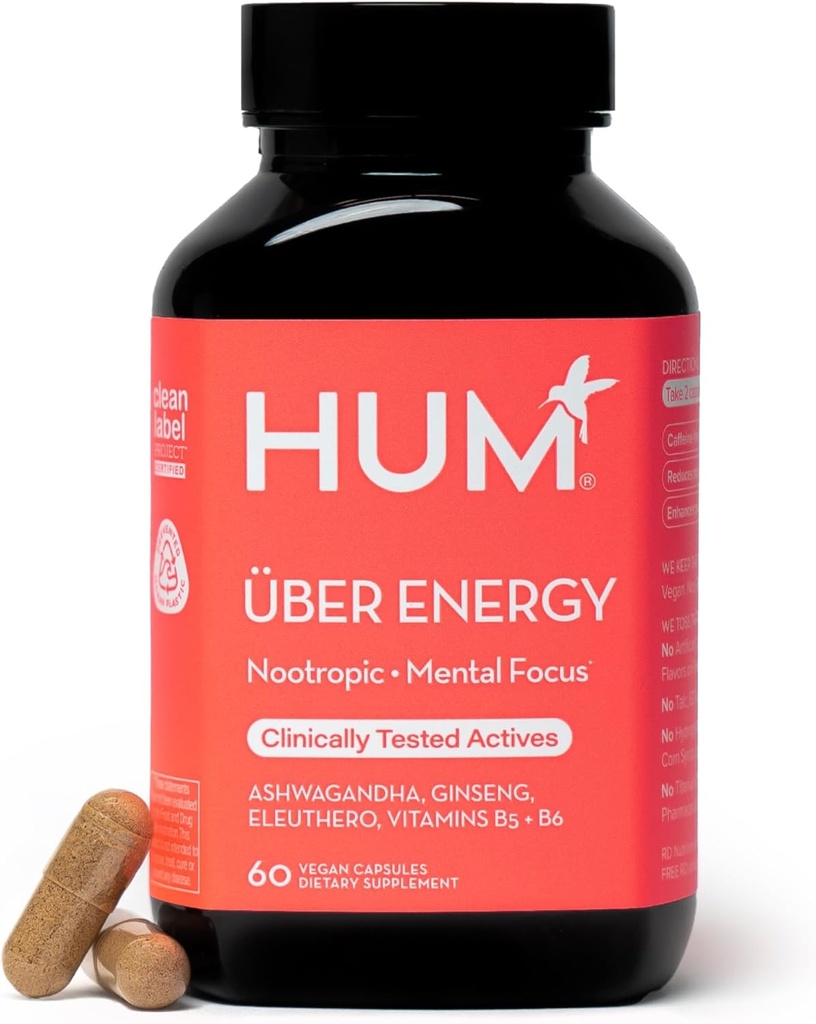 HUM Uber 에너지 Adrenal 에너지 지원은 Ashwagandha 뿌리, Ginseng, B 비타민, 비타민 B6, B5 및 Adaptogens, Adrenal 피로 지원을 위한 보충 교재, 60 Vegan 캡슐을 보충합니다