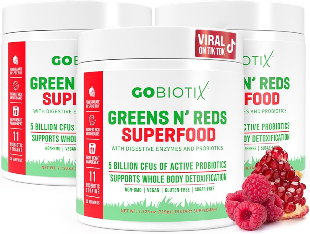 GOBIOTIX Super Greens and Reds Powder - Red and Green Superfood - Probiotic Supplement - 소화 효소 및 베트 루트 분말 - 유기 전체 식품 다이어트 보충 (Pom Raspberry, 3 Pack)