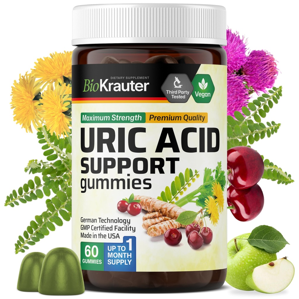 BIO KRAUTER Uric Acid Support Gummies - 60 Vegan Chews - Uric Acid Support w / Tart Cherry & Chanca Piedra 4 : 1 추출물 - 자연 Kidney Supplement w / Milk Thistle 및 Turmeric