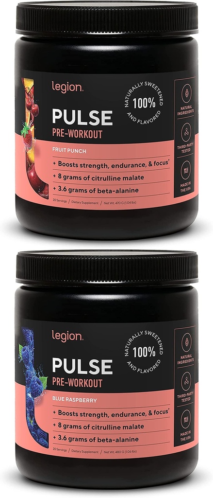 LEGION 펄스 사전 운동 보충 - 모든 자연 산화 질소 Preworkout 음료 Boost 에너지, Creatine 무료, 자연적으로 감미료, Beta Alanine, Citrulline, 알파 GPC (Fruit Punch & Blue Raspberry)