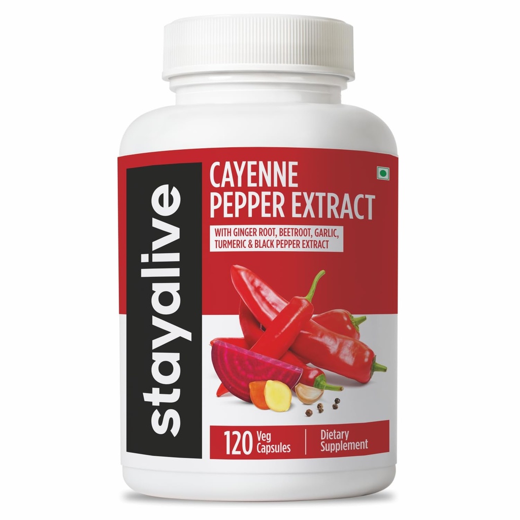 StayAlive Cayenne Pepper Capsules 960mg Ginger, Garlic, Turmeric, Beet Root, Black Pepper, 120 Cayenne Capsules, 지원 심혈관 및 면역 체계, Capsaicin 보충교재 알약을 가진 최고 추출물
