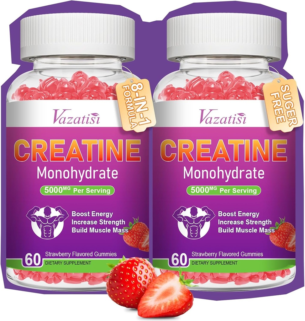 여자 & 남자를 위한 2개의 팩 크레아틴 Monohydrate Gummies, 근육, 증가 에너지 & 힘, 자연적인 딸기 풍미, 120 조사를 위한 설탕 자유로운 Vegan Creatine 보충교재