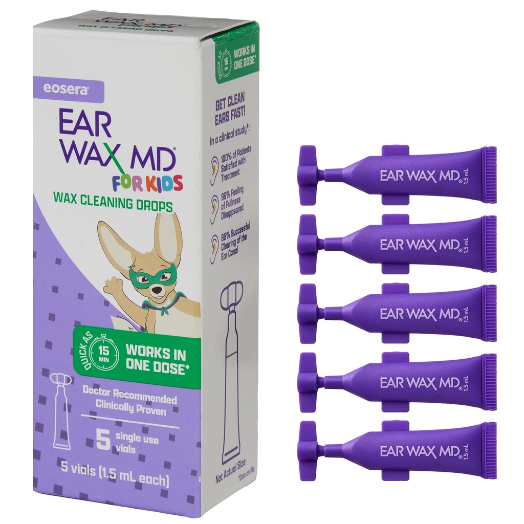 eosera® Ear Wax MD® for Kids - 이어 왁스 클리닝 드롭, 5pk 바이알 | 패스트 인용 | 브레이크 다운 & 1 트리트먼트로 이어 왁스를 용해 | 임상 입증 | Gentle & Safe I for Kids Age 2+