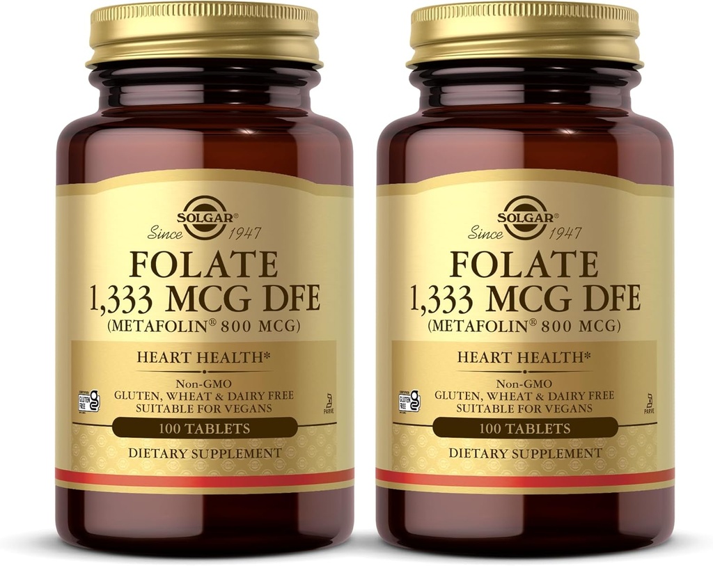 Solgar Folate 1,333 mcg DFE (Metafolin 800 mcg) - 100 정제, 2 팩 - Prenatal 비타민 - 비 GMO, 글루텐 무료, 낙농장 무료, 고셔 - 200 총 봉사