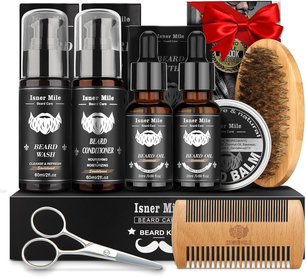 남자 손질 & 배려를 위한 Beard 장비: 2개의 팩 Beard 기름 및 발기로 - 면도한 로션 Sandalwood, 솔 및 Comb 세트 후에 세척 & 컨디셔너는 가위로 자릅니다, 아빠를 위한 발렌타인 아버지 선물