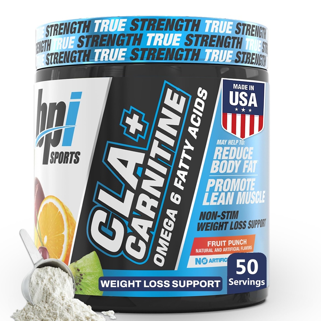 BPI 스포츠 CLA + 카르니틴 - CLA L 카르니틴 & Linoleic 산 - 체중 감량, Metabolism & Lean 근육을위한 L 카르니틴 보충 - 카페인 무료 - 과일 펀치 - 50 서빙 - 12.34 온스