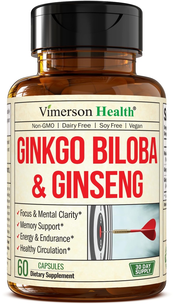 아시아 인삼 및 은행나무 Biloba 보충제 - Panax Ginseng 추출물 700mg + Ginko Biloba 720mg - 메모리, 초점 및 지속 에너지를위한 Nootropic 두뇌 보충 - 60 Easy-to-Swallow 캡슐