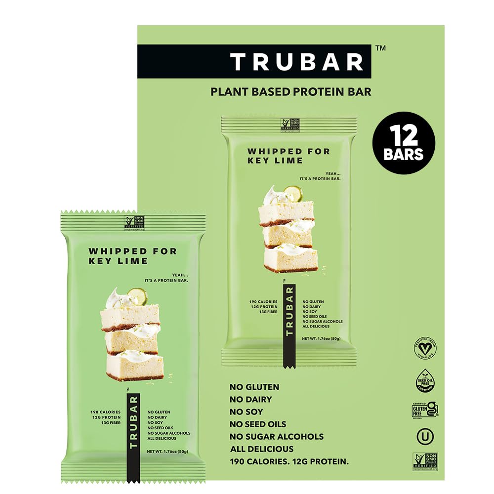 TRUBAR Vegan Protein Bar, Key Lime, Gluten Free, Plant based, High Fiber, Dairy Free, Low Fat, Non GMO, No Sugar Alcohol, 12G Lean Protein, 13G Fiber, 건강한 스낵 바, 12 CT
