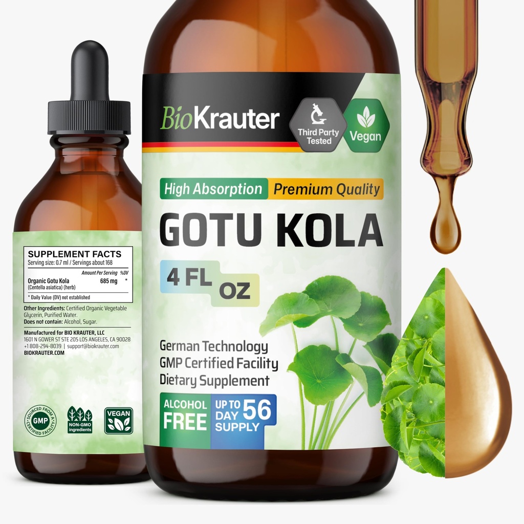 BIO KRAUTER Gotu Kola Tincture - Centella Asiatica 추출물 - 알코올 및 설탕 무료 Gotu Kola 추출물 - Vegan Drops 4 Fl.Oz.