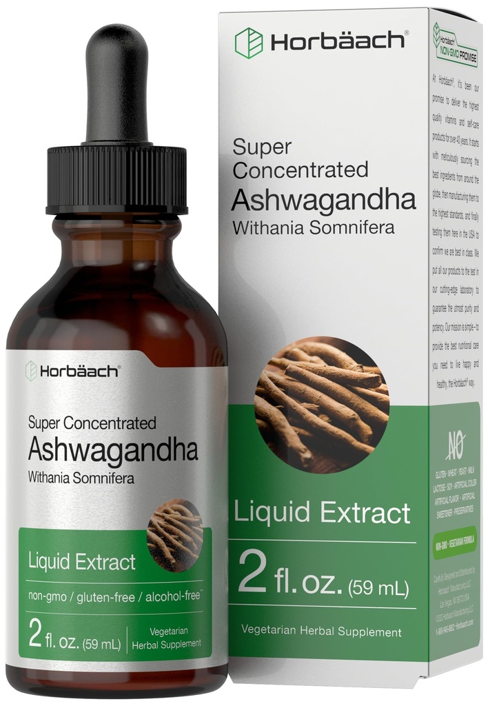 Horbäach Ashwagandha Liquid Drop | 2 Fl Oz | 여성 및 남성용 Tincture Extract | 알코올 무료 보충 | Withania Somnifera Root | 채식주의, 비 GMO, 글루텐