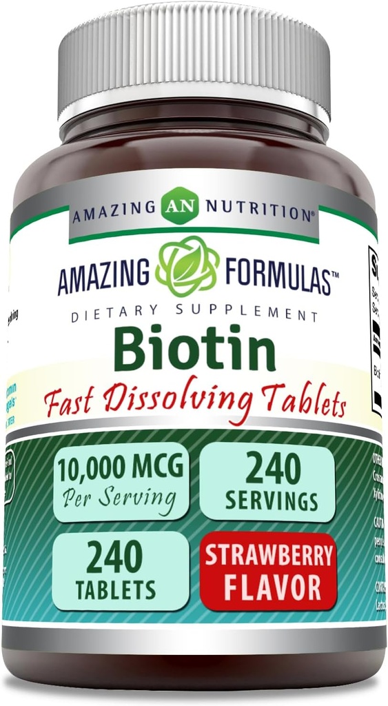 Amazing Formulas Biotin 10,000 Mcg | 빠른 용해 정제 | Non-GMO | 글루텐 프리 보충 | 미국제 (딸기 | 240 개)