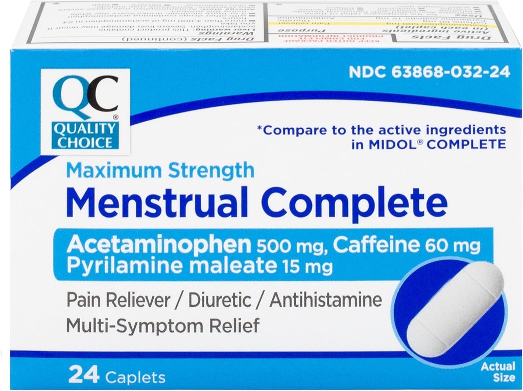 질 선택 Menstrual 완전한 최대 힘 기간 고통 구호, Acetaminophen의 500 mg, Caffeine의 60mg, Pyrilamine Maleate의 15mg, 주름, Bloating, 두통. 24 조사.