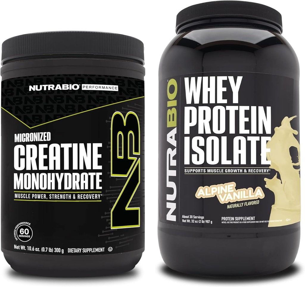 NutraBio Creatine Monohydrate, Unflavored, 300g 및 Whey Protein Isolate, Alpine Vanilla, 보충 번들 - 근육 에너지, Lean 근육 성장, 회복 및 힘